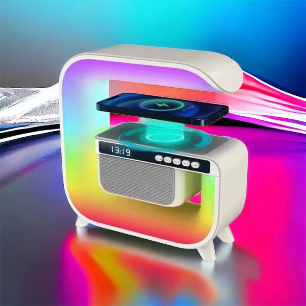 Нічний акумуляторний RGB G3 з бездротовою зарядкою 15W Bluetooth колонка Настільна смарт лампа White