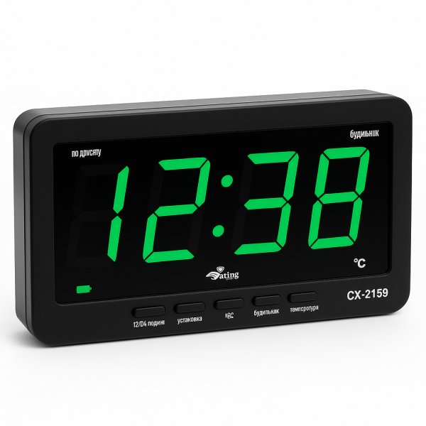catalog_1787535044_405.png Годинник електронний Caixing CX 2159 12В 220В Настільні Настінні Будильник Чорний корпус Зелені цифри