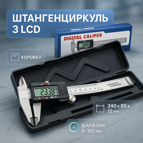 creative_1772352439_889.png Електронний цифровий Штангенциркуль Digital Caliper 0-150 мм з LCD дисплеєм у кейсі мікрометр електронний
