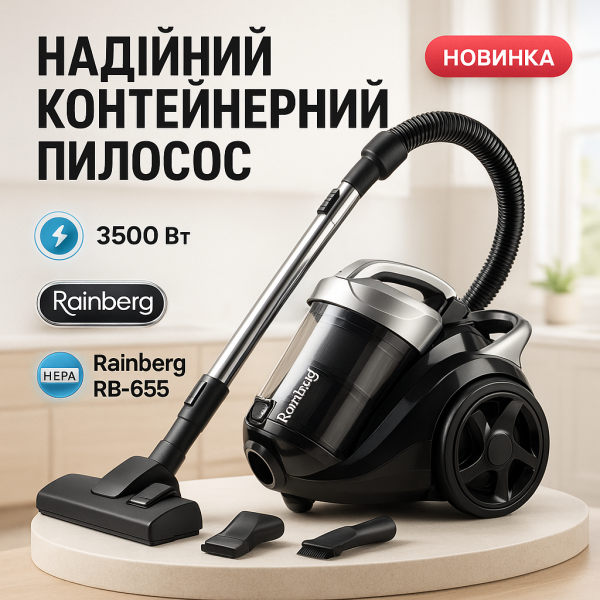 creative_1772424740_904.png Хороший циклонний пилосос для будинку з контейнером Rainberg RB-655 колбовий без мішка для сухого прибирання