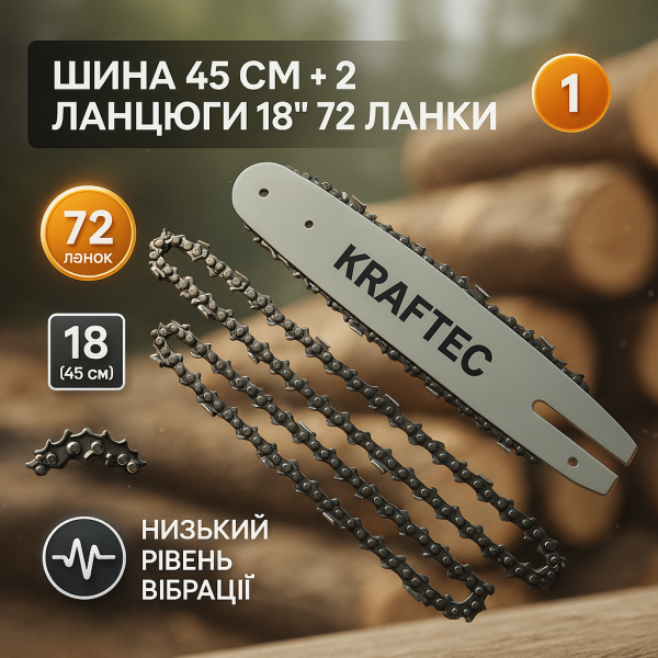 creative_1772428476_685.png Комплект шина 45 см + 2 ланцюги 18 дюймів 72 ланки для бензопили, із міцної сталі для довговічності та надійності