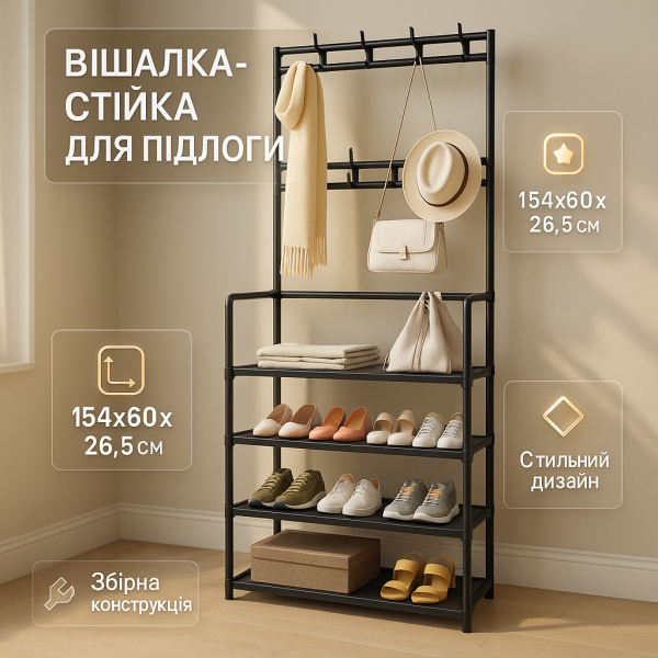 creative_1772429561_843.png Вішалка стійка для підлоги металева додаткова полиця під взуття 154х60х26.5см Black