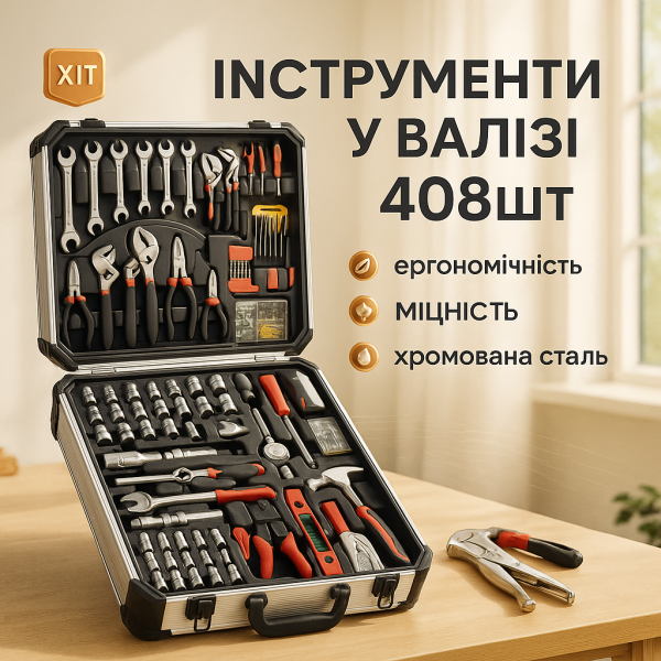 creative_1772451247_965.png Професійний набір інструментів Tools Set KRAFFTEC у валізі з тріскачкою із 408 предметів