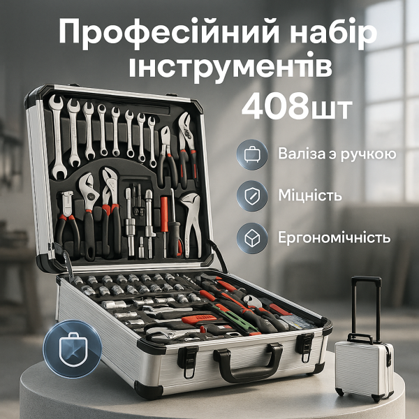 creative_1772451302_180.png Професійний набір інструментів Tools Set KRAFFTEC у валізі з тріскачкою із 408 предметів