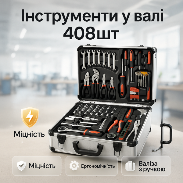 creative_1772451403_609.png Професійний набір інструментів Tools Set KRAFFTEC у валізі з тріскачкою із 408 предметів