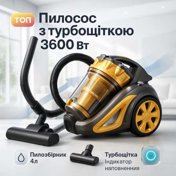 creative_1772452528_294.png Пилосос для сухого прибирання з турбощіткою Domotec MS-4408 3600 Вт без мішка колбовий циклонний для дому контейнерний