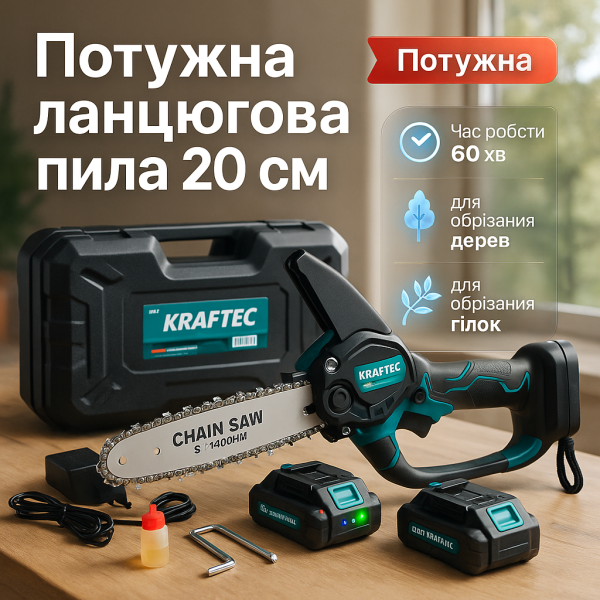creative_1772456010_123.png Акумуляторна ланцюгова міні пила 20 см у кейсі Krafftec (36V 4 Ач) + 2 акумулятори та індикатором заряду