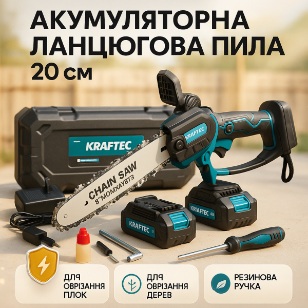 creative_1772456060_748.png Акумуляторна ланцюгова міні пила 20 см у кейсі Krafftec (36V 4 Ач) + 2 акумулятори та індикатором заряду