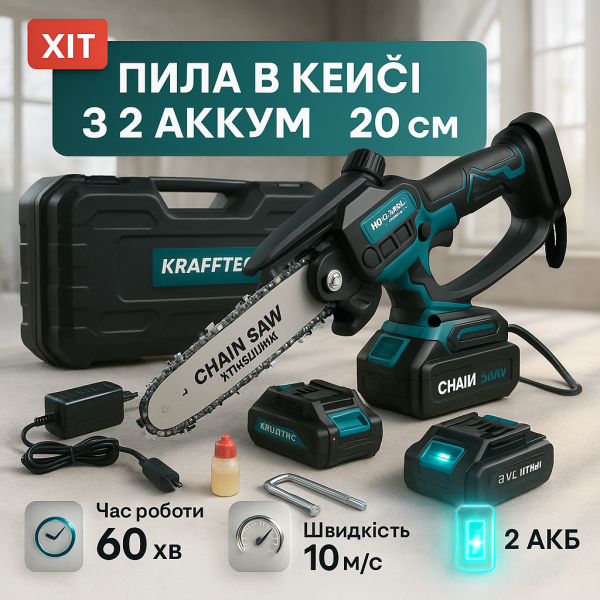 creative_1772456112_483.png Акумуляторна ланцюгова міні пила 20 см у кейсі Krafftec (36V 4 Ач) + 2 акумулятори та індикатором заряду