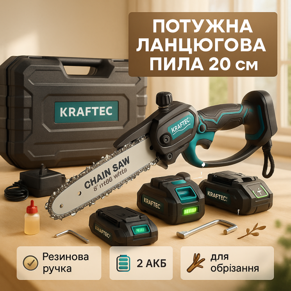 creative_1772456172_875.png Акумуляторна ланцюгова міні пила 20 см у кейсі Krafftec (36V 4 Ач) + 2 акумулятори та індикатором заряду