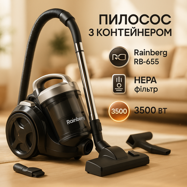 creative_1772457292_958.png Хороший циклонний пилосос для будинку з контейнером Rainberg RB-655 колбовий без мішка для сухого прибирання