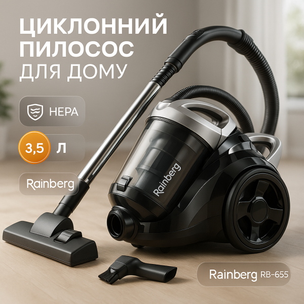 creative_1772457391_298.png Хороший циклонний пилосос для будинку з контейнером Rainberg RB-655 колбовий без мішка для сухого прибирання
