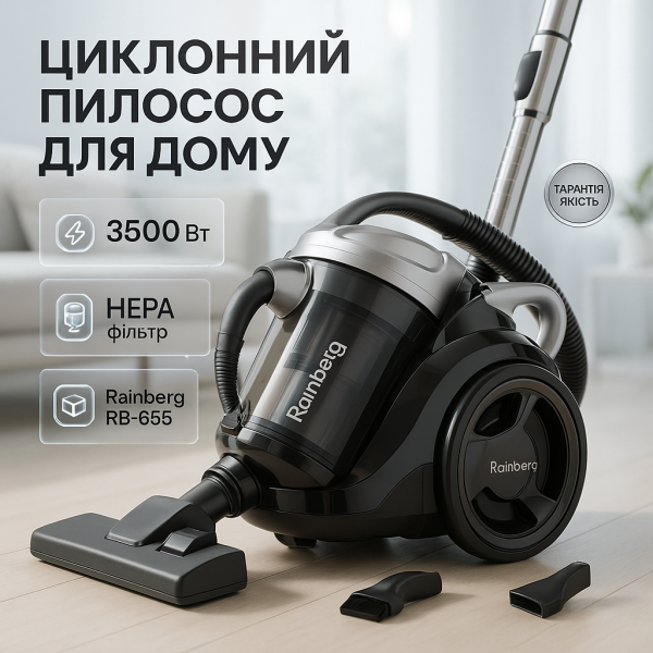 creative_1772457816_818.png Хороший циклонний пилосос для будинку з контейнером Rainberg RB-655 колбовий без мішка для сухого прибирання