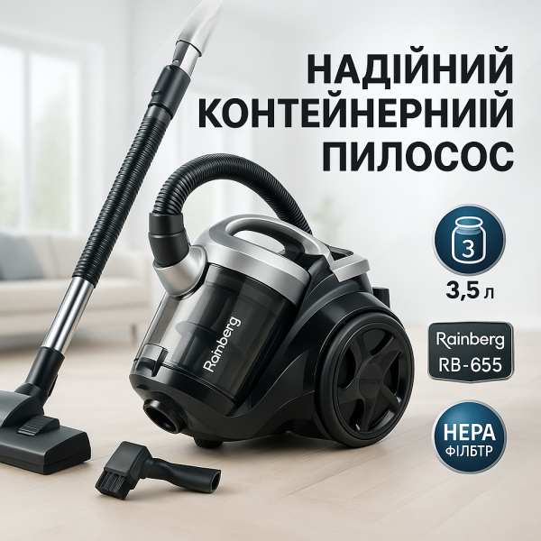creative_1772457866_325.png Хороший циклонний пилосос для будинку з контейнером Rainberg RB-655 колбовий без мішка для сухого прибирання