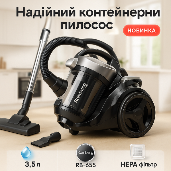 creative_1772457918_559.png Хороший циклонний пилосос для будинку з контейнером Rainberg RB-655 колбовий без мішка для сухого прибирання
