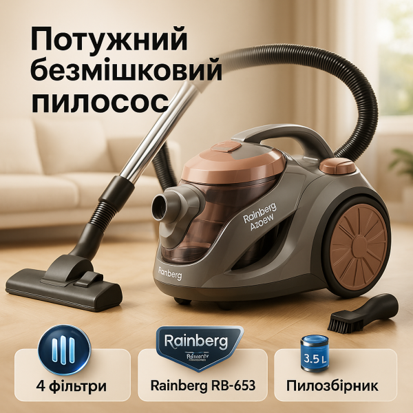 creative_1772458362_464.png Пилосос контейнерний без мішка Rainberg RB-653 2500Вт, циклонний контейнерний пилосос, невеликий пилосос