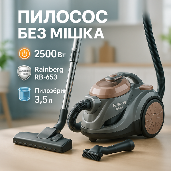 creative_1772458411_615.png Пилосос контейнерний без мішка Rainberg RB-653 2500Вт, циклонний контейнерний пилосос, невеликий пилосос