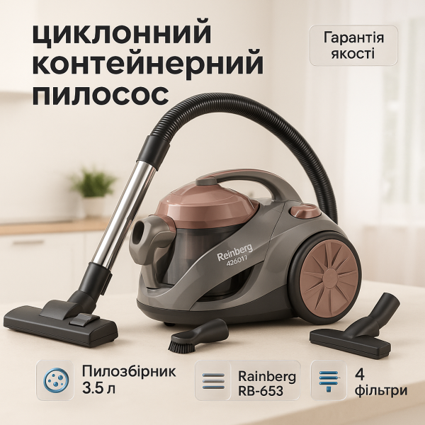 creative_1772458519_939.png Пилосос контейнерний без мішка Rainberg RB-653 2500Вт, циклонний контейнерний пилосос, невеликий пилосос