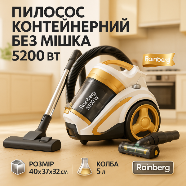creative_1772458966_672.png Пилосос Rainberg RB-658TB колбовий з регулятором потужності та турбощіткою 5L - 5200 Вт, пилосос домашній