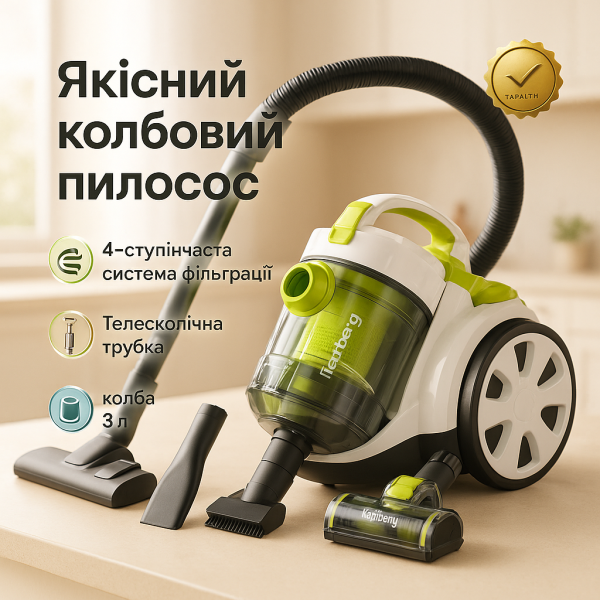 creative_1772459081_614.png Пилосос без мішка Rainberg RB-651 контейнерний 2500 Вт, шнур 3,2 метра з колбою об'ємом 3л