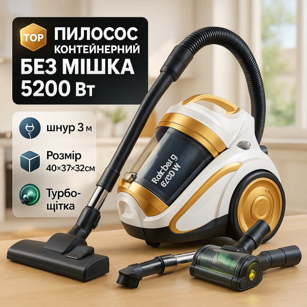 creative_1772459170_865.png Пилосос Rainberg RB-658TB колбовий з регулятором потужності та турбощіткою 5L - 5200 Вт, пилосос домашній