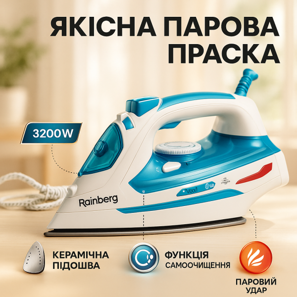 creative_1781523746_832.png Електрична парова праска Rainberg RB-6307 з керамічною підошвою 3200Вт, парова праска-очисник
