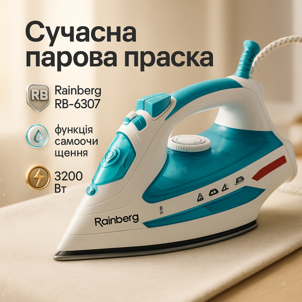 creative_1781523789_867.png Електрична парова праска Rainberg RB-6307 з керамічною підошвою 3200Вт, парова праска-очисник