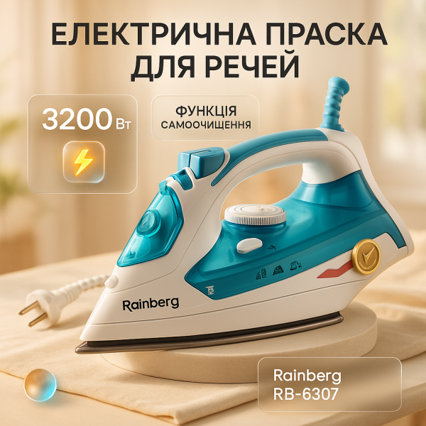 creative_1781523834_741.png Електрична парова праска Rainberg RB-6307 з керамічною підошвою 3200Вт, парова праска-очисник