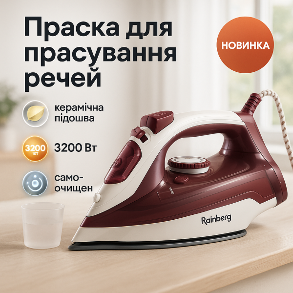 Праска парова Rainberg RB-6306 з керамічним покриттям 1600Вт функція самоочищення подачі пари