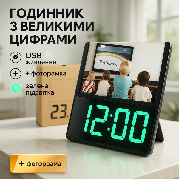creative_1781538697_326.png Електронний дротовий настільний цифровий годинник DS-6608 з фоторамкою, зелене підсвічування Black