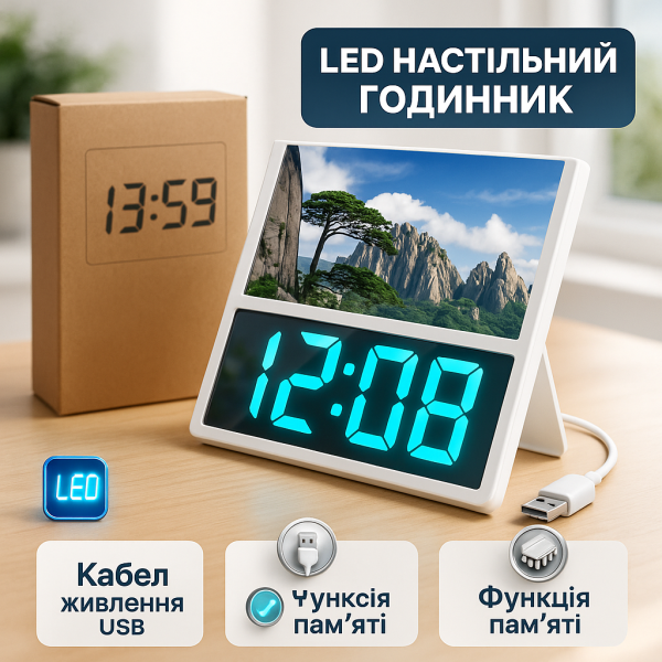 creative_1781539861_429.png Електронний дротовий настільний цифровий годинник DS-6608 з фоторамкою, зелене підсвічування. Колір: білий