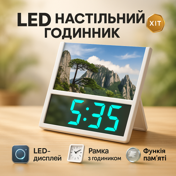 creative_1781539906_731.png Електронний дротовий настільний цифровий годинник DS-6608 з фоторамкою, зелене підсвічування. Колір: білий