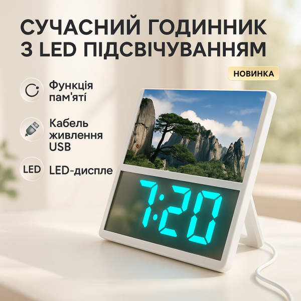 creative_1781539954_930.png Електронний дротовий настільний цифровий годинник DS-6608 з фоторамкою, зелене підсвічування. Колір: білий