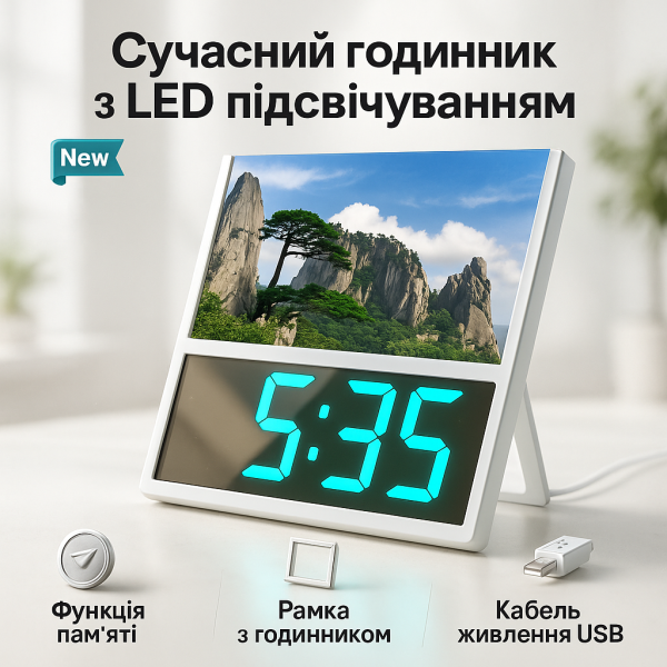 creative_1781540011_505.png Електронний дротовий настільний цифровий годинник DS-6608 з фоторамкою, зелене підсвічування. Колір: білий