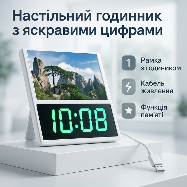 creative_1781540056_510.png Електронний дротовий настільний цифровий годинник DS-6608 з фоторамкою, зелене підсвічування. Колір: білий