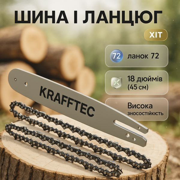 creative_1789130043_439.png Комплект шина 45 см + 2 ланцюги 18 дюймів 72 ланки для бензопили, із міцної сталі для довговічності та надійності
