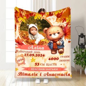 Плед 3D з метрикою Метрика для дівчинки Осінні листочки 1 фото 4052_C 17084 80х100 см Плед 3D з метрикою Метрика для дівчинки Осінні листочки 1 фото 4052_C 17084 80х100 см