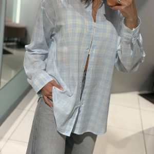 Сорочка жіноча в клітку з котону 20910 S-XL блакитна Сорочка жіноча в клітку з котону 20910 S-XL блакитна