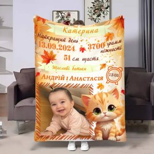 Плед 3D з метрикою Метрика для дівчинки Осіннє кошенятко 1 фото 4091_C 17151 80х100 см Плед 3D з метрикою Метрика для дівчинки Осіннє кошенятко 1 фото 4091_C 17151 80х100 см