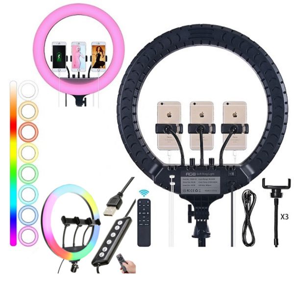 Кільцева LED лампа RGB MJ45 Ring 45 см комплектація адаптер із вбудованим кабелем, тримачі для телефону, пульт Кільцева LED лампа RGB MJ45 Ring 45 см комплектація адаптер із вбудованим кабелем, тримачі для телефону, пульт